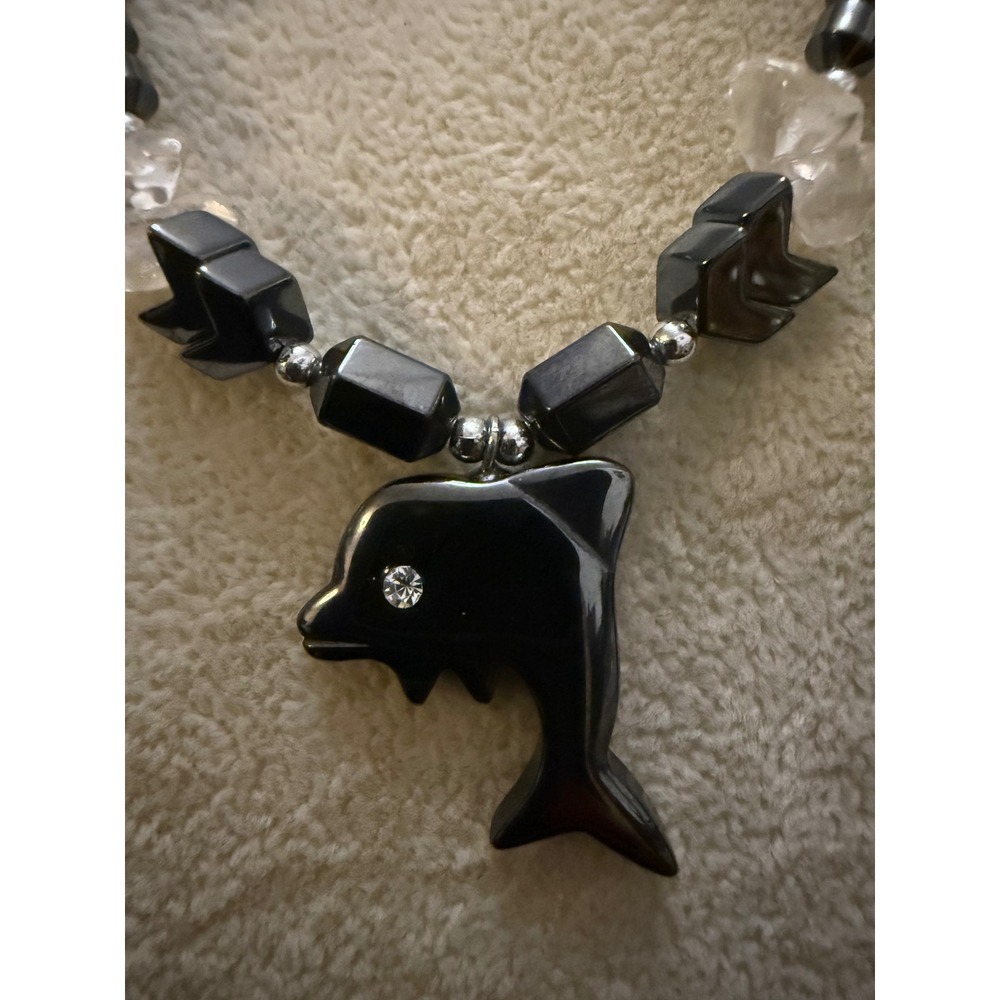 Black Dolphin Pendant Hematite Beaded Necklace with Amethyst and Quartz Stones
